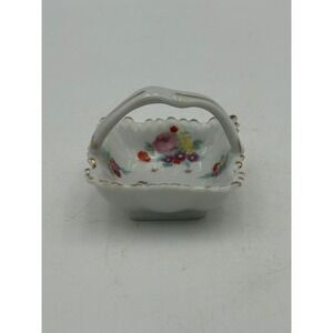 Vintage Made in Japan Miniature Porcelain Floral Basket Gold Trim Trinket Dish